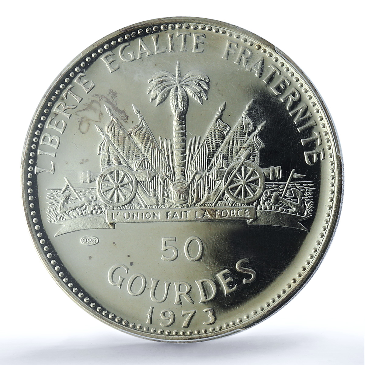 Haiti 50 gourdes Woman with Shell Mark Left KM-104.1 PR 67 PCGS silver coin 1973 Haiti 50 gourdes Woman with Shell Mark Left KM-104.1 PR 67 PCGS silver coin 1973