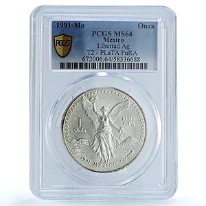 Mexico 1 onza Libertad Type 2 PLaTA PuRA KM-494.3 MS 64 PCGS silver coin 1991