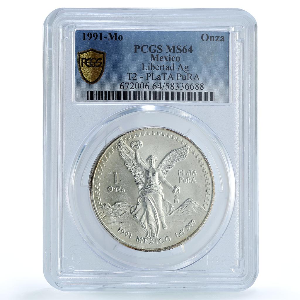 Mexico 1 onza Libertad Type 2 PLaTA PuRA KM-494.3 MS 64 PCGS silver coin 1991 Mexico 1 onza Libertad Type 2 PLaTA PuRA KM-494.3 MS 64 PCGS silver coin 1991
