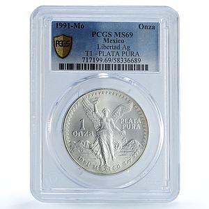 Mexico 1 onza Libertad Type 1 PLATA PURA KM-494.2 MS 69 PCGS silver coin 1991