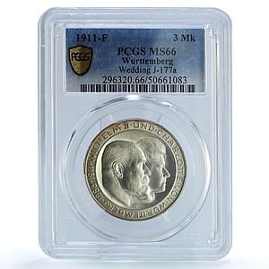 Germany Wurttemberg 3 mark Wilhelm II Wedding J-177a MS 66 PCGS silver coin 1911