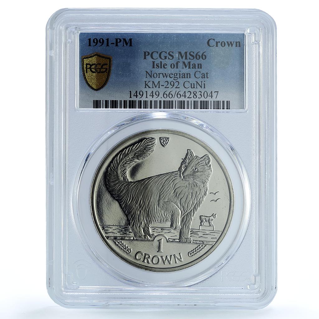 Isle of Man 1 crown Norwegian Forest KM-292 Cat Crowns MS 66 PCGS CuNi coin 1991 Isle of Man 1 crown Norwegian Forest KM-292 Cat Crowns MS 66 PCGS CuNi coin 1991