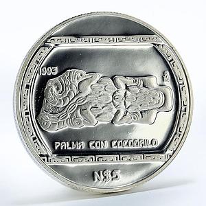 Mexico 5 pesos Stone carving representation of Crocodile proof silver coin 1993
