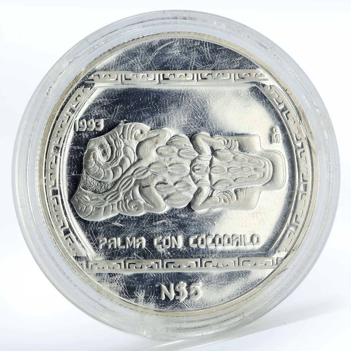 Mexico 5 pesos Stone carving representation of Crocodile proof silver coin 1993