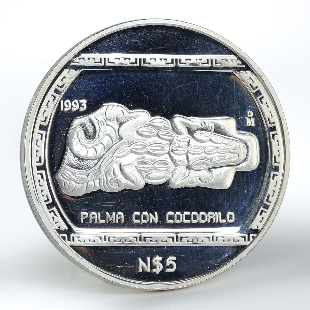 Mexico 5 pesos Stone carving representation of Crocodile proof silver coin 1993