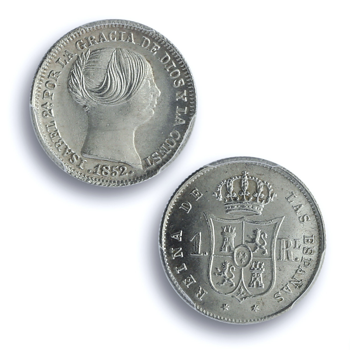 Spain 1 real Isabel II 6 Pt. Star Madrid Mint KM-598 MS 66 PCGS silver coin 1852