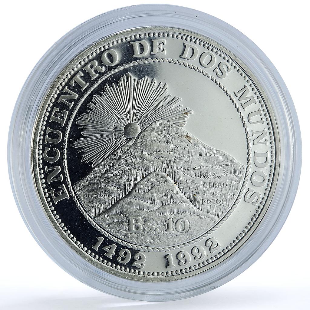 Bolivia 10 bolivianos Cerro Potosi Encounter Two Worlds proof silver coin 1991 Bolivia 10 bolivianos Cerro Potosi Encounter Two Worlds proof silver coin 1991