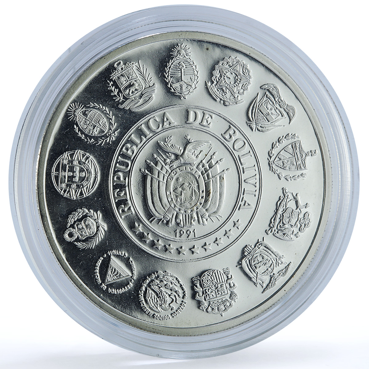 Bolivia 10 bolivianos Cerro Potosi Encounter Two Worlds proof silver coin 1991 Bolivia 10 bolivianos Cerro Potosi Encounter Two Worlds proof silver coin 1991