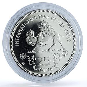 Mongolia 25 togrog Year of Child KM-39 UNICEF Camel proof silver coin 1980