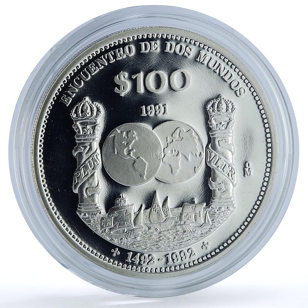 Mexico 100 pesos Columnaria KM-540 Ibero-American Ship silver coin 1991 Mexico 100 pesos Columnaria KM-540 Ibero-American Ship silver coin 1991