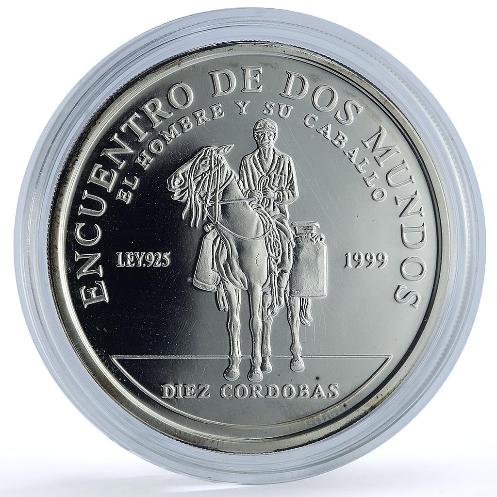 Nicaragua 10 cordobas Delivery Ibero-American Man Horse proof silver coin 1999 Nicaragua 10 cordobas Delivery Ibero-American Man Horse proof silver coin 1999