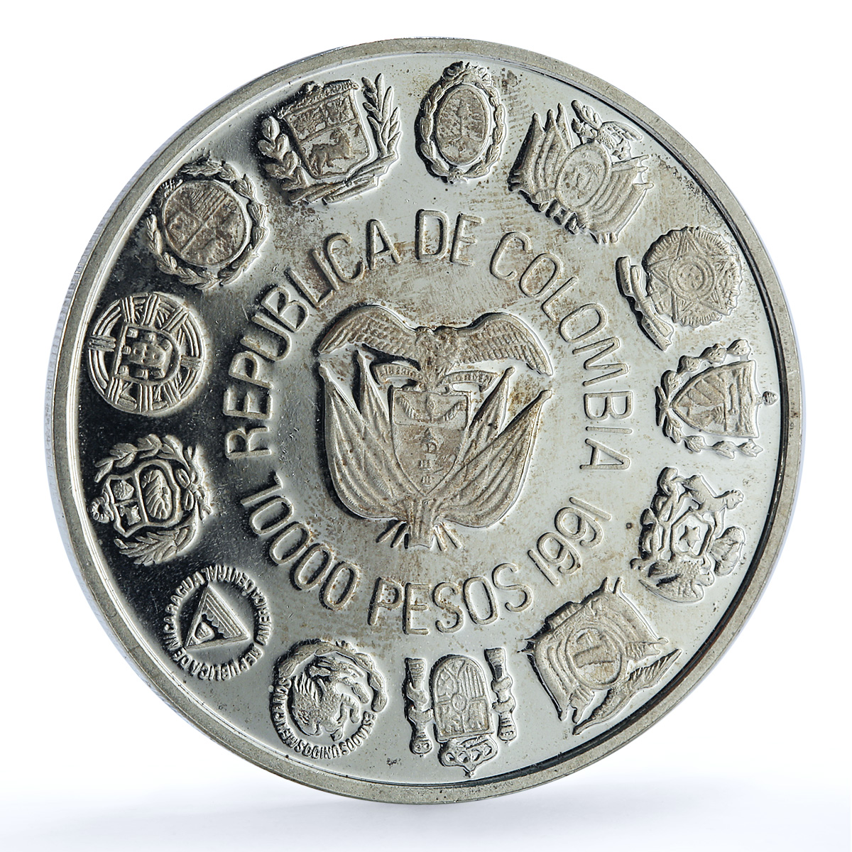 Colombia 10000 pesos Bogota Mint Encounter Two Worlds proof silver coin 1991 Colombia 10000 pesos Bogota Mint Encounter Two Worlds proof silver coin 1991