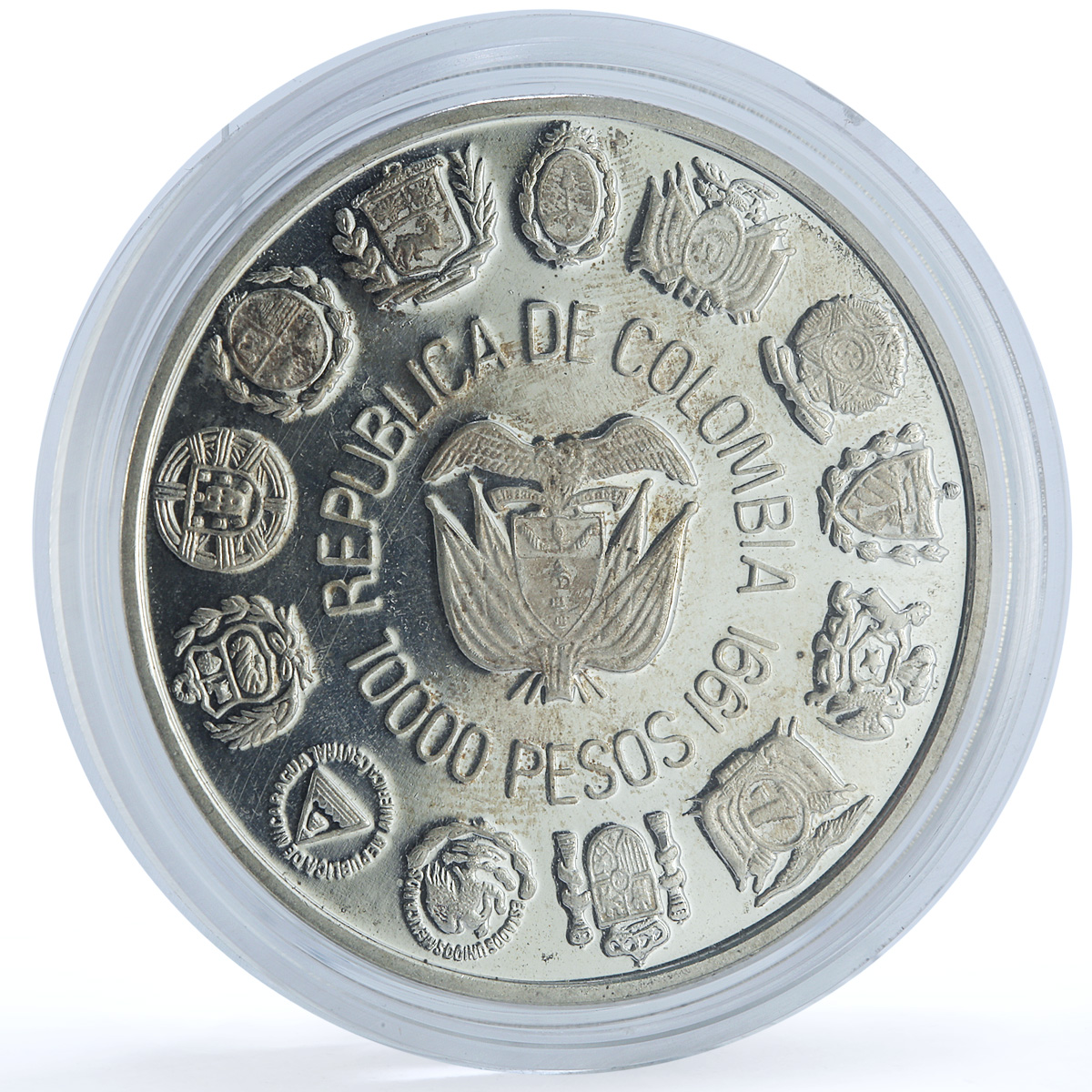 Colombia 10000 pesos Bogota Mint Encounter Two Worlds proof silver coin 1991 Colombia 10000 pesos Bogota Mint Encounter Two Worlds proof silver coin 1991