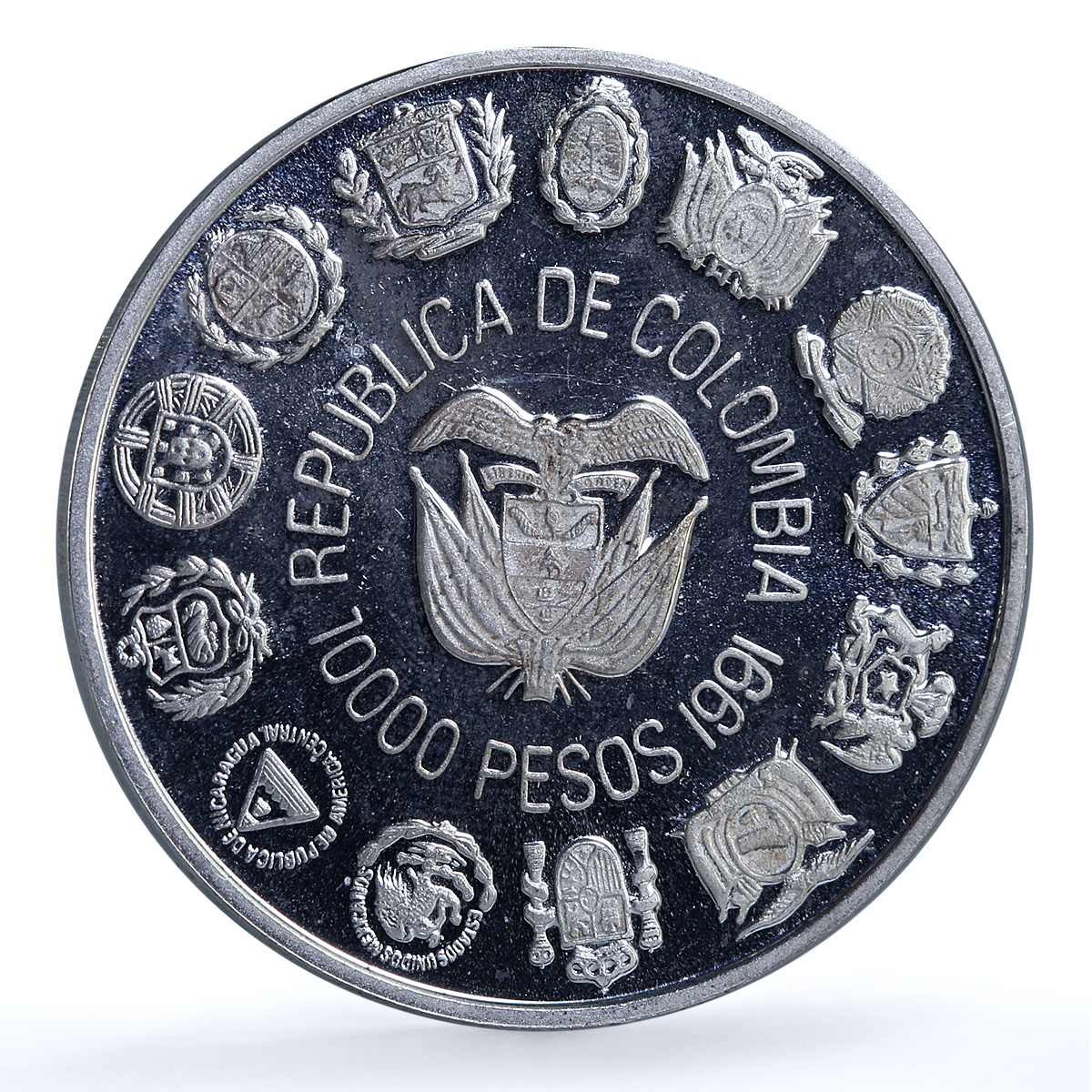 Colombia 10000 pesos Bogota Mint Encounter Two Worlds proof silver coin 1991 Colombia 10000 pesos Bogota Mint Encounter Two Worlds proof silver coin 1991