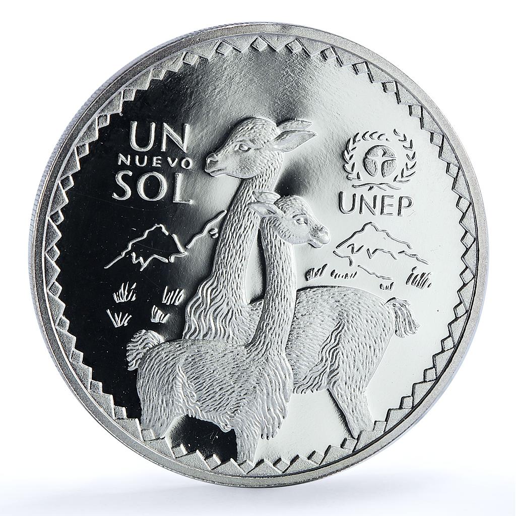Peru 1 sol UNEP KM-314 Wildlife Fauna Camels Vicunas proof silver coin 1994 Peru 1 sol UNEP KM-314 Wildlife Fauna Camels Vicunas proof silver coin 1994