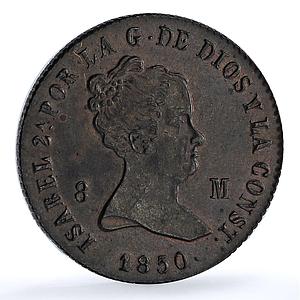 Spain 8 maravedis Isabella II Jubia Mint KM- 531.2 Cal-488 copper coin 1850
