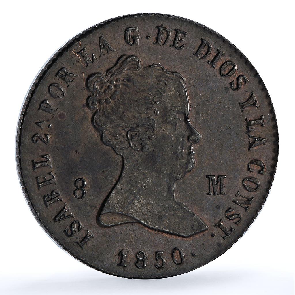 Spain 8 maravedis Isabella II Jubia Mint KM- 531.2 Cal-488 copper coin 1850 Spain 8 maravedis Isabella II Jubia Mint KM- 531.2 Cal-488 copper coin 1850