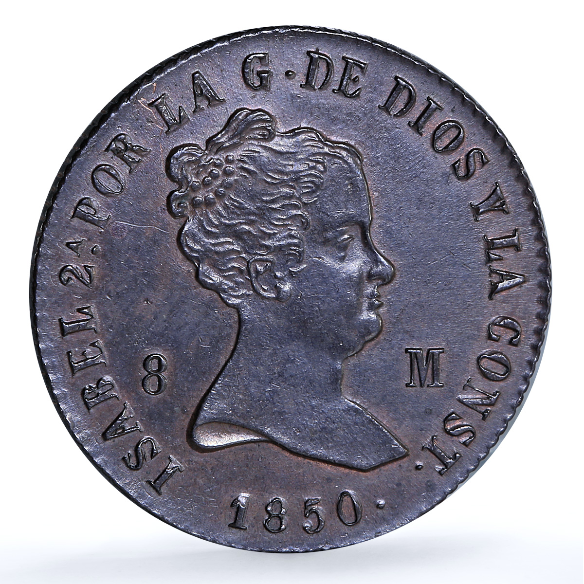Spain 8 maravedis Isabella II Jubia Mint KM- 531.2 Cal-488 copper coin 1850 Spain 8 maravedis Isabella II Jubia Mint KM- 531.2 Cal-488 copper coin 1850
