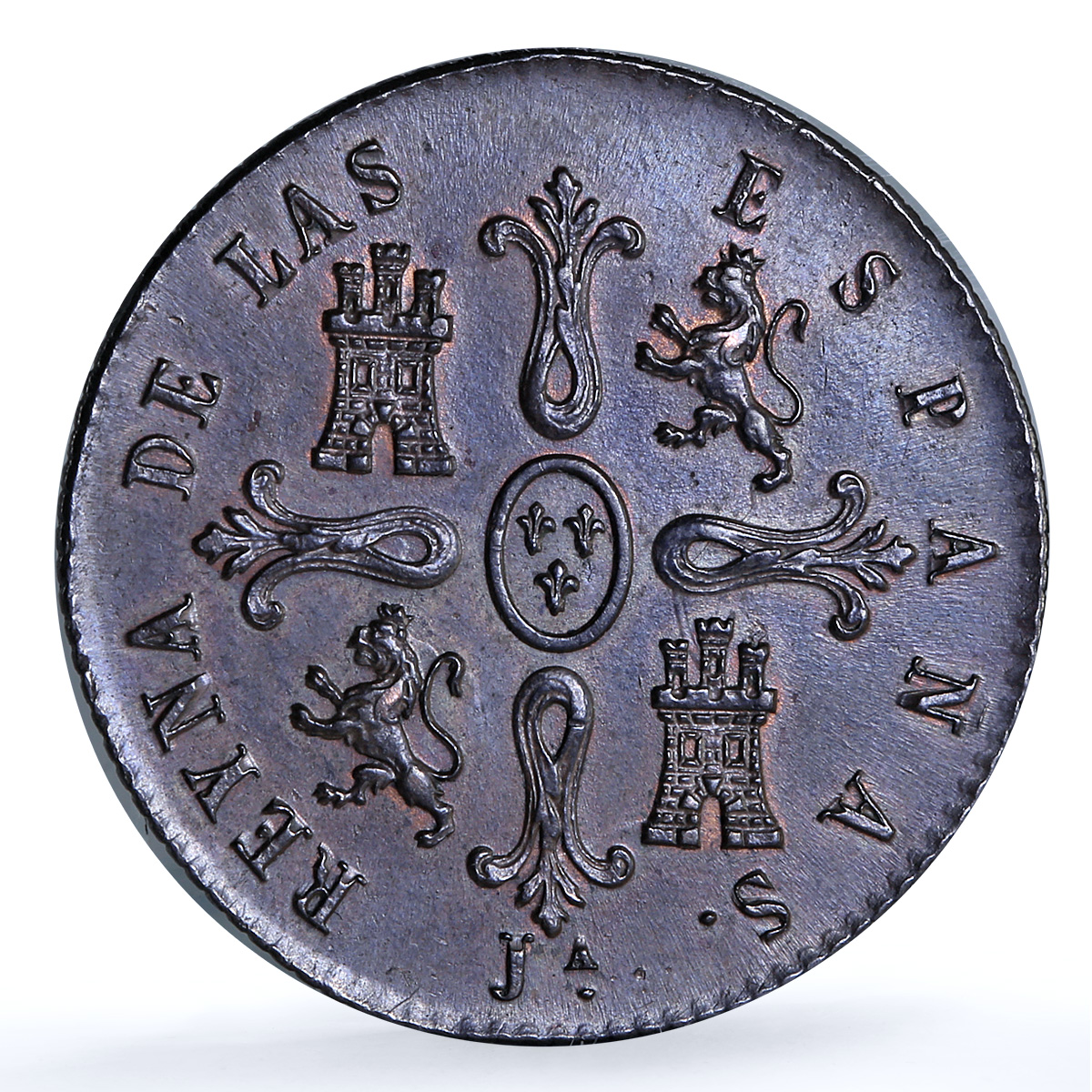 Spain 8 maravedis Isabella II Jubia Mint KM- 531.2 Cal-488 copper coin 1850 Spain 8 maravedis Isabella II Jubia Mint KM- 531.2 Cal-488 copper coin 1850