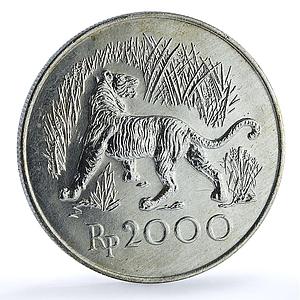 Indonesia 2000 rupiah Javan Tiger KM-39 Conservation Fauna Cat silver coin 1974
