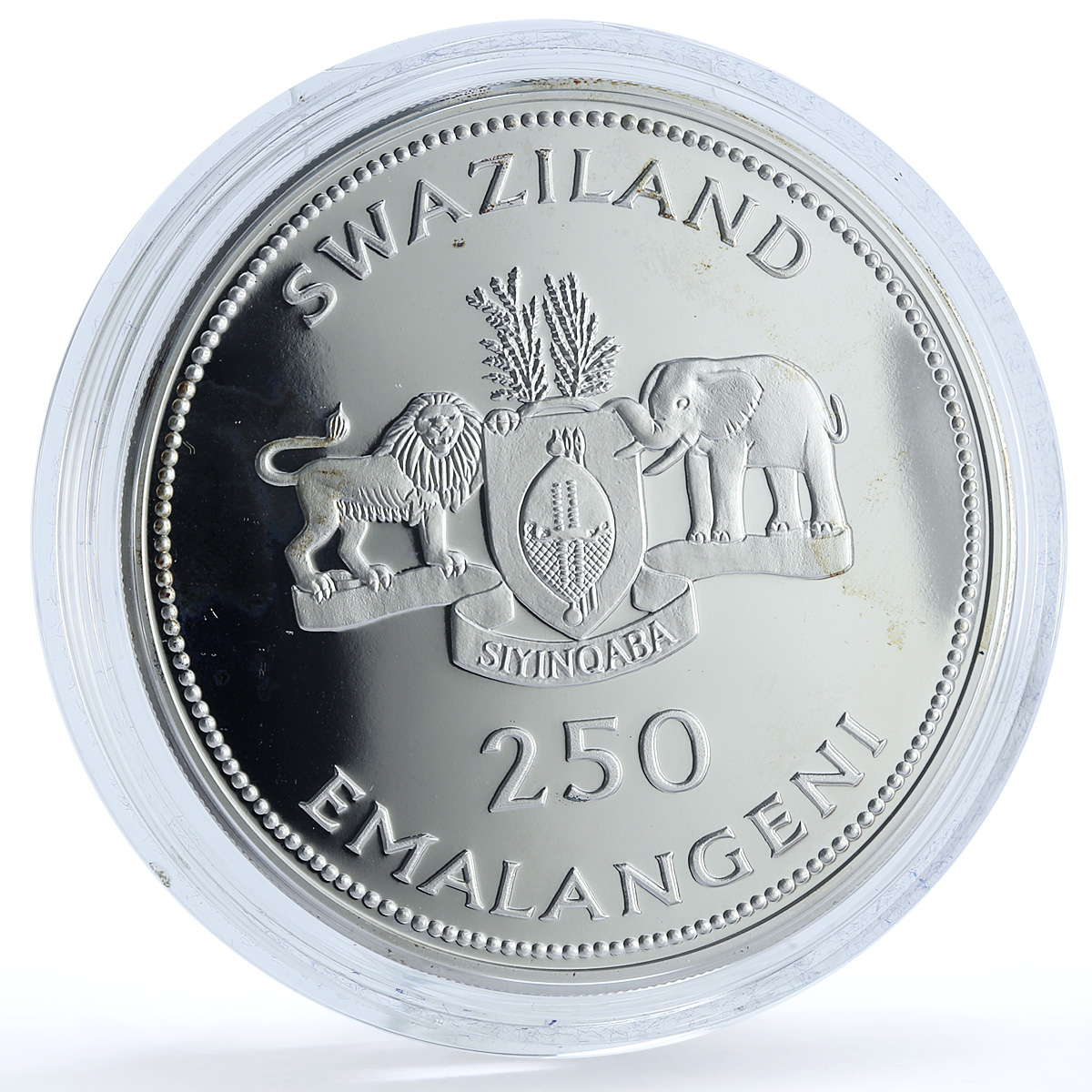 Swaziland 250 emalangeni Independence Gilt Mswati III 5 oz silver coin 1998 Swaziland 250 emalangeni Independence Gilt Mswati III 5 oz silver coin 1998