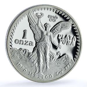 Mexico 1 onza Libertad KM-494.2 w/ Custom Olympic Rings proof silver coin 1990