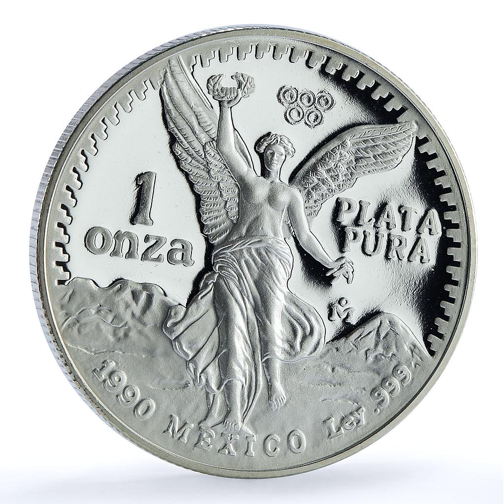 Mexico 1 onza Libertad KM-494.2 w/ Custom Olympic Rings proof silver coin 1990 Mexico 1 onza Libertad KM-494.2 w/ Custom Olympic Rings proof silver coin 1990