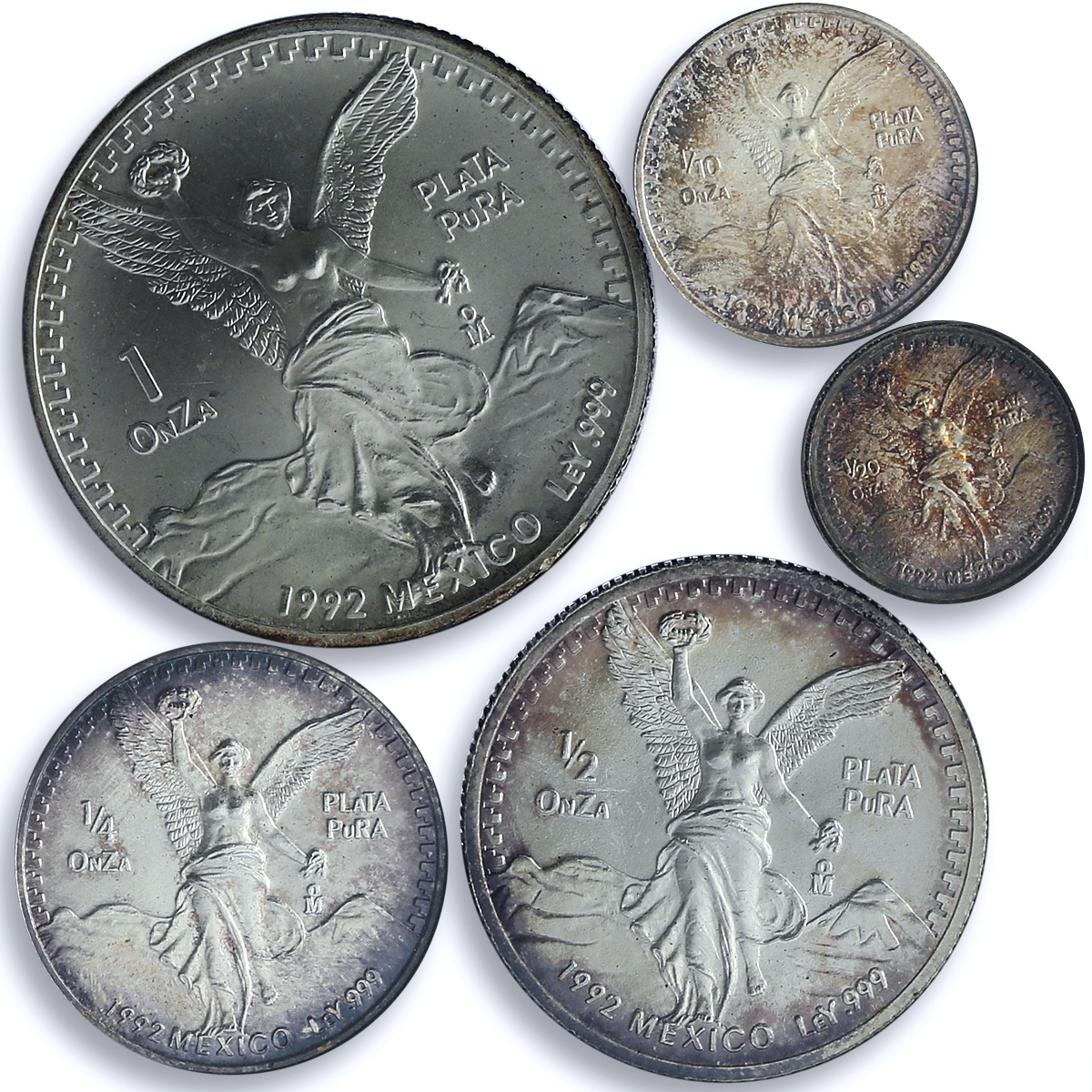 Mexico Various Onzas Set Libertad Angel of Independence BU silver coins 1992
