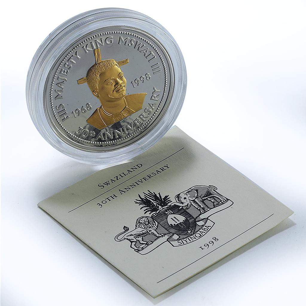 Swaziland 50 emalangeni Independence Gilt KM-20 Mswati III silver coin 1998 Swaziland 50 emalangeni Independence Gilt KM-20 Mswati III silver coin 1998