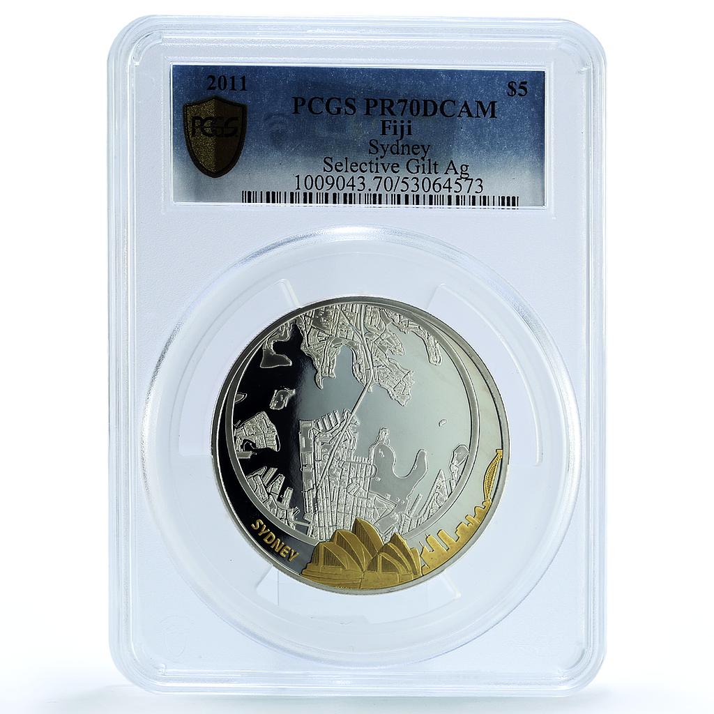 Fiji 5 dollars Sydney Australia Gilt KM-209 City PR70 PCGS 2 oz silver coin 2011