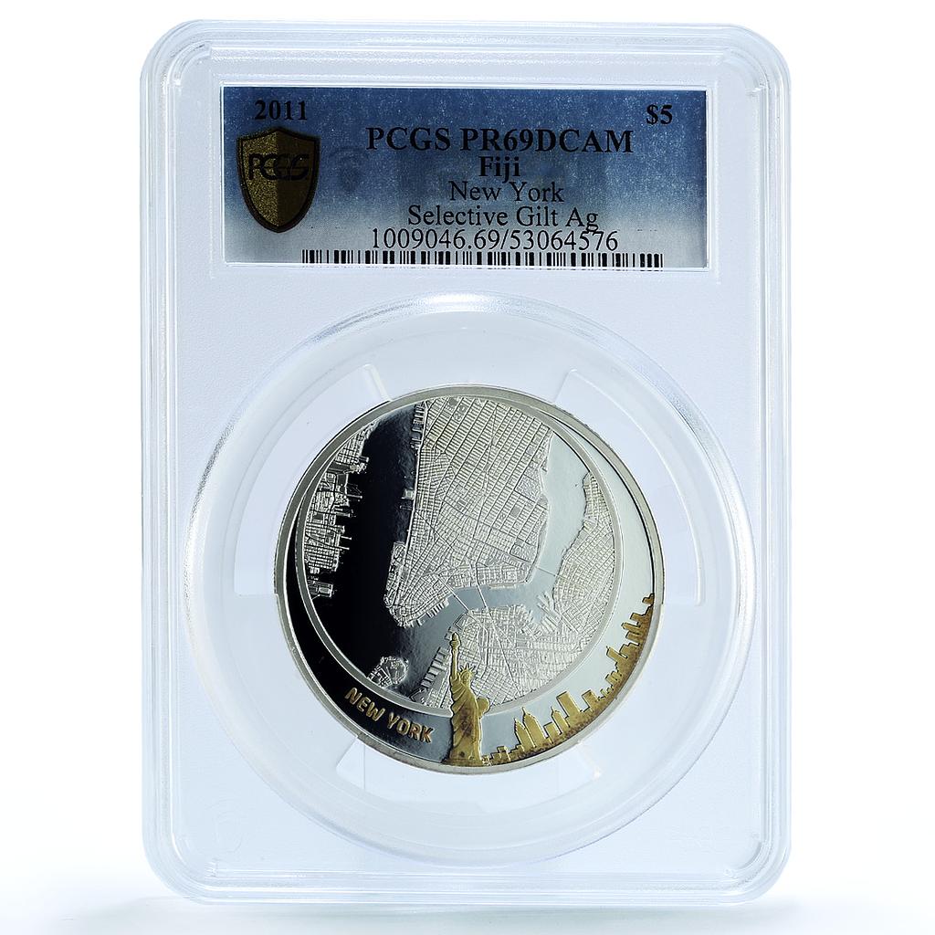 Fiji 5 dollars New York USA Gilt KM-208 City PR 69 PCGS 2 oz silver coin 2011 Fiji 5 dollars New York USA Gilt KM-208 City PR 69 PCGS 2 oz silver coin 2011