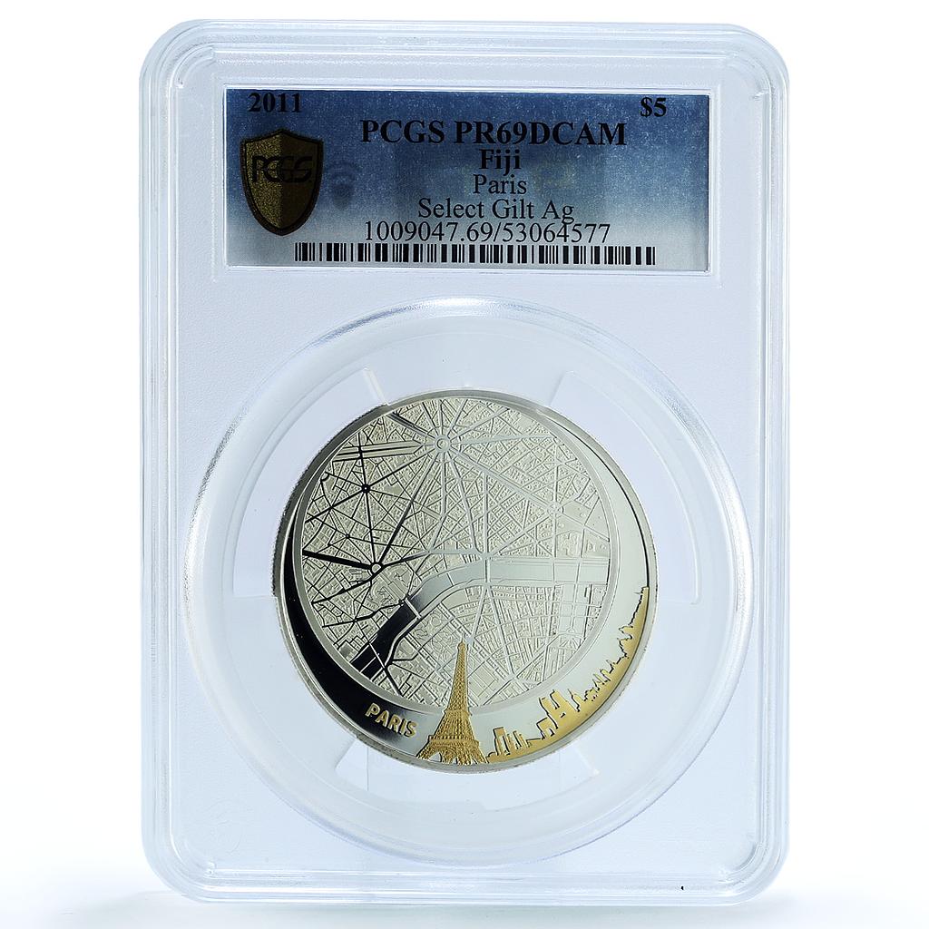 Fiji 5 dollars Paris France Gilt KM-207 City PR 69 PCGS 2 oz silver coin 2011 Fiji 5 dollars Paris France Gilt KM-207 City PR 69 PCGS 2 oz silver coin 2011