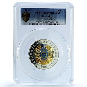 Kazakhstan 1000 tenge State Arms KM-115 Emblem PR 69 PCGS silver coin 2003
