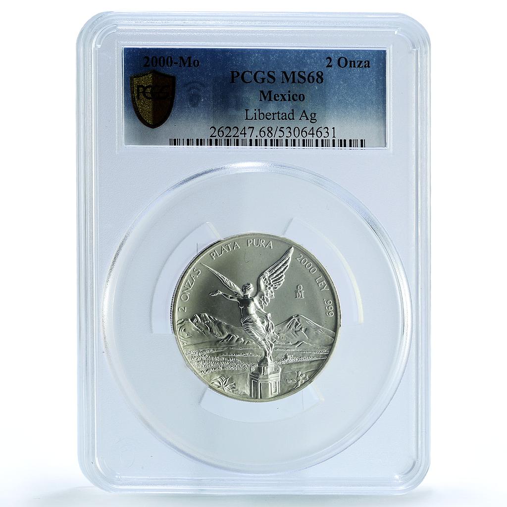 Mexico 2 onzas Libertad Angel of Independence KM-614 MS 68 PCGS silver coin 2000
