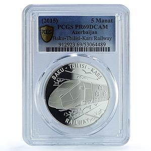 Azerbaijan 5 manat Baku Tbilisi Kars Raiway KM-74 Train PR 69 PCGS Ag coin 2015