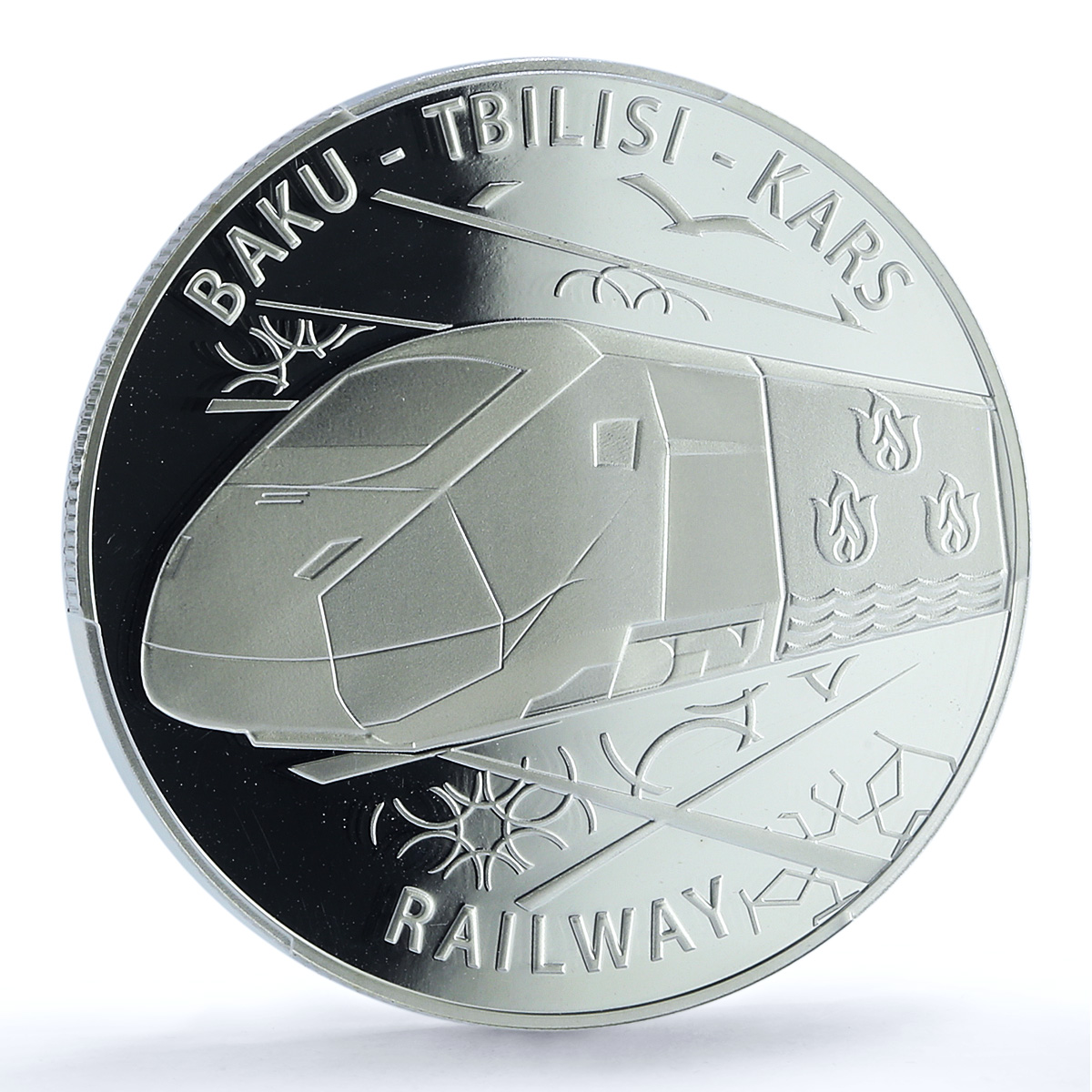 Azerbaijan 5 manat Baku Tbilisi Kars Raiway KM-74 Train PR 69 PCGS Ag coin 2015 Azerbaijan 5 manat Baku Tbilisi Kars Raiway KM-74 Train PR 69 PCGS Ag coin 2015