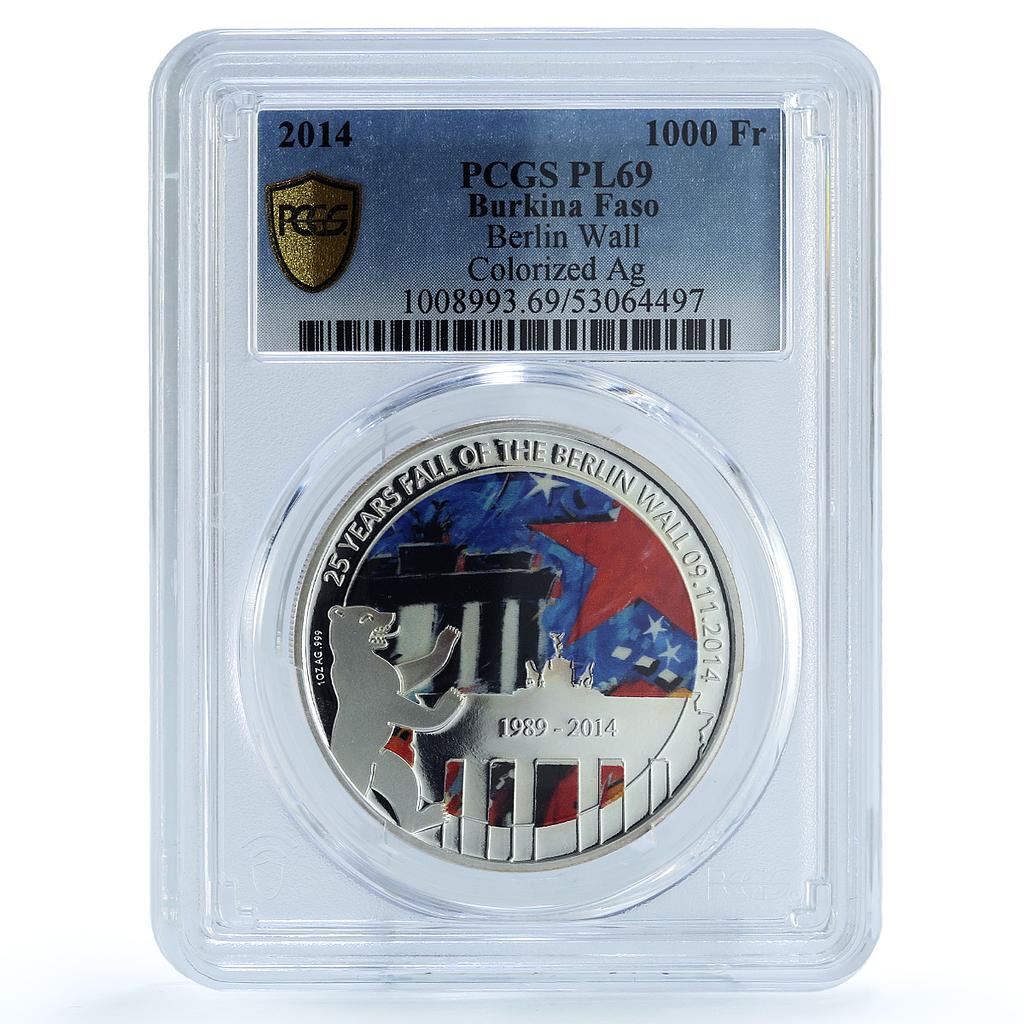 Burkina Faso 1000 francs Berlin Wall Fall KM-22 PL 69 PCGS silver coin 2014