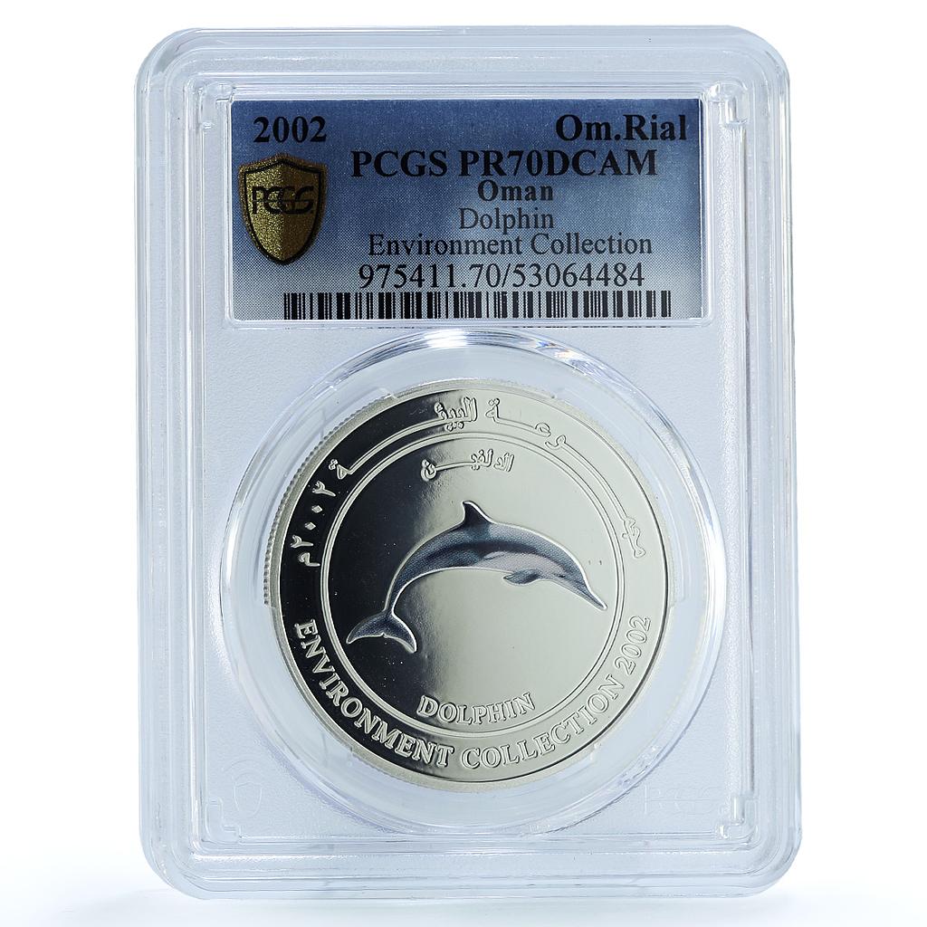 Oman 1 rial Dolphin KM-157 Environment Collection PR 70 PCGS silver coin 2002 Oman 1 rial Dolphin KM-157 Environment Collection PR 70 PCGS silver coin 2002