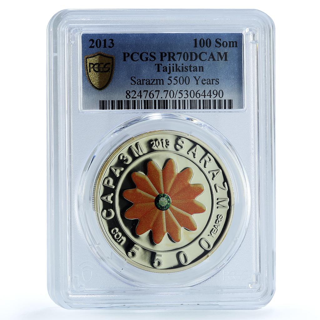Tajikistan 100 som Sarazm KM-37 UNESCO Anniversary Flower PR70 PCGS Ag coin 2013 Tajikistan 100 som Sarazm KM-37 UNESCO Anniversary Flower PR70 PCGS Ag coin 2013