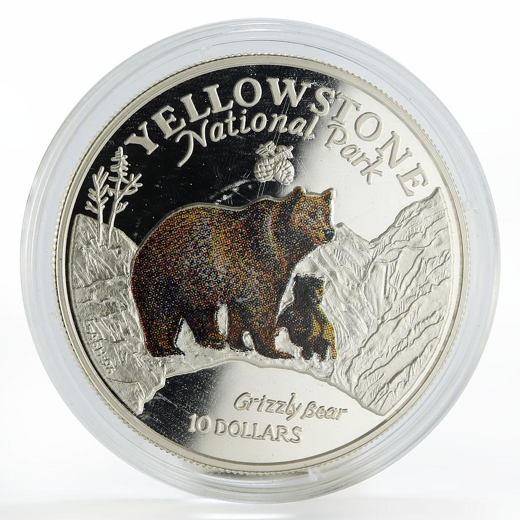 Cook Islands 10 dollars Yellowstone Park Grizzly Bear colored silver coin 1996