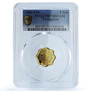 Philippines 5 sentimos Republic KM-225 Aquino PR 70 PCGS brass coin 1980