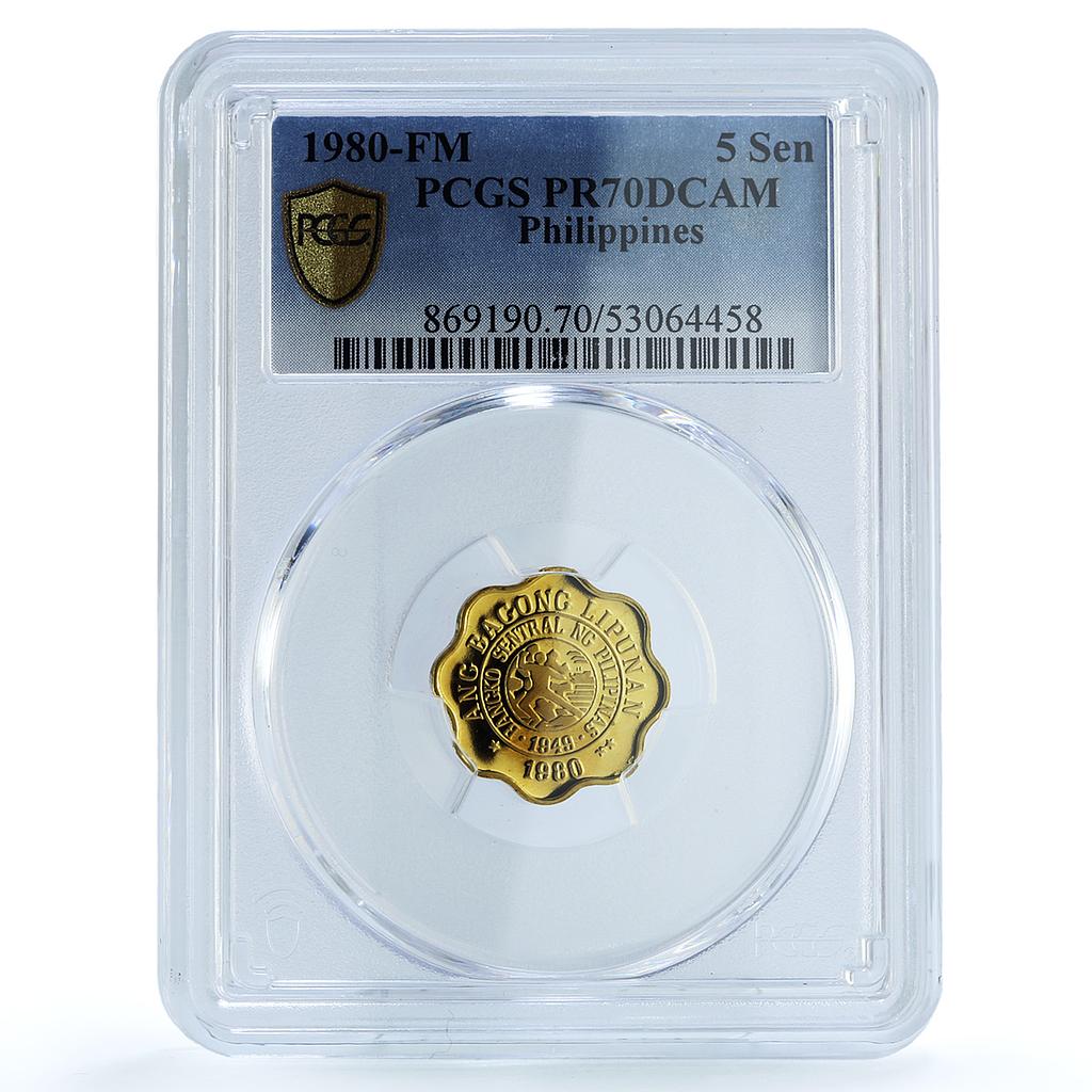 Philippines 5 sentimos Republic KM-225 Aquino PR 70 PCGS brass coin 1980