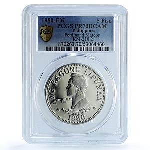 Philippines 5 piso New Society KM-210.2 Marcos PR 70 PCGS nickel coin 1980