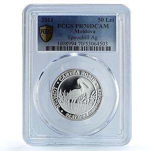 Moldova 50 lei Spoonbill KM-68 Red Book Fauna Bird PR 70 PCGS silver coin 2011