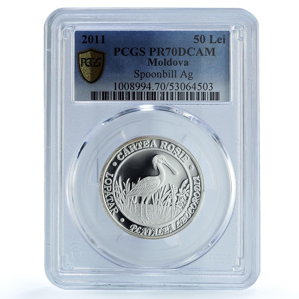 Moldova 50 lei Spoonbill KM-68 Red Book Fauna Bird PR 70 PCGS silver coin 2011 Moldova 50 lei Spoonbill KM-68 Red Book Fauna Bird PR 70 PCGS silver coin 2011