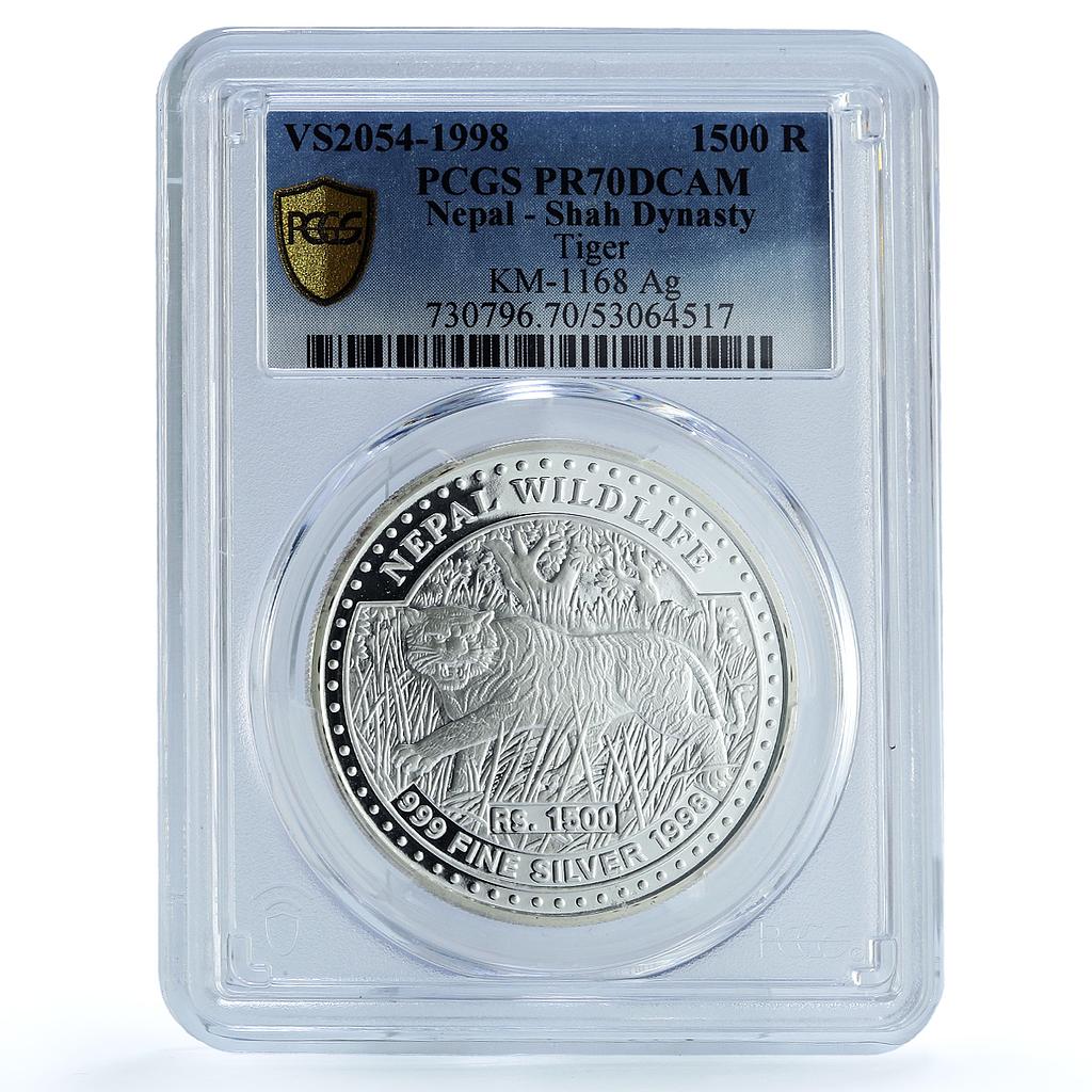 Nepal 1500 rupees Tiger KM-1168 Wildlife Fauna Cat PR 70 PCGS silver coin 1998 Nepal 1500 rupees Tiger KM-1168 Wildlife Fauna Cat PR 70 PCGS silver coin 1998