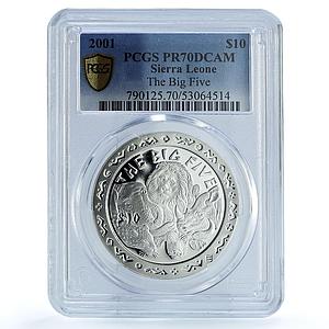 Sierra Leone $10 Elephant Lion Rhino Leopard Buffalo PR 70 PCGS silver coin 2001