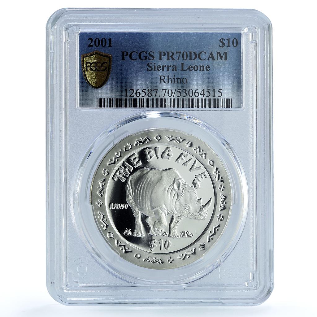 Sierra Leone 10 dollars Rhinoceros KM-248 Fauna PR 70 PCGS silver coin 2001 Sierra Leone 10 dollars Rhinoceros KM-248 Fauna PR 70 PCGS silver coin 2001