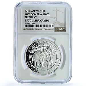 Somalia 100 shillings Elephant KM-182 African Wildlife PF70 NGC silver coin 2007