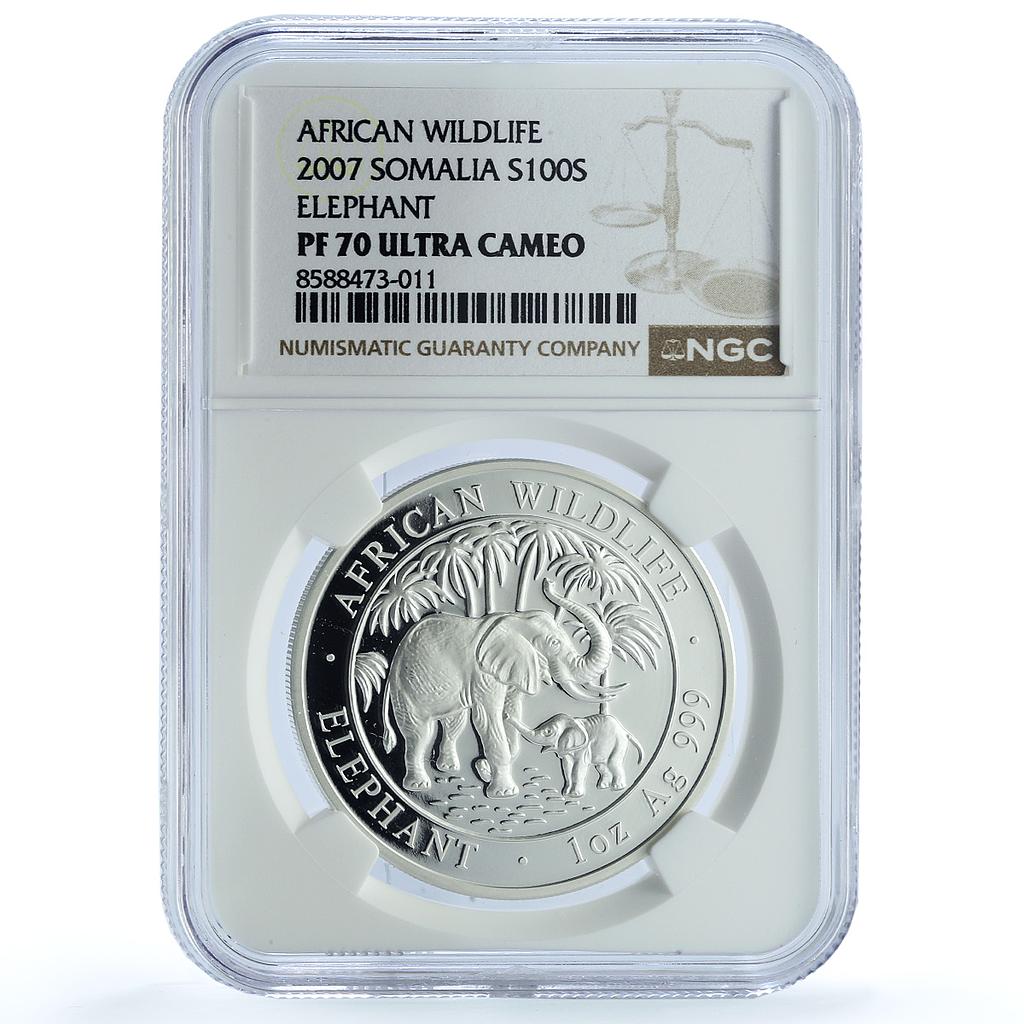 Somalia 100 shillings Elephant KM-182 African Wildlife PF70 NGC silver coin 2007